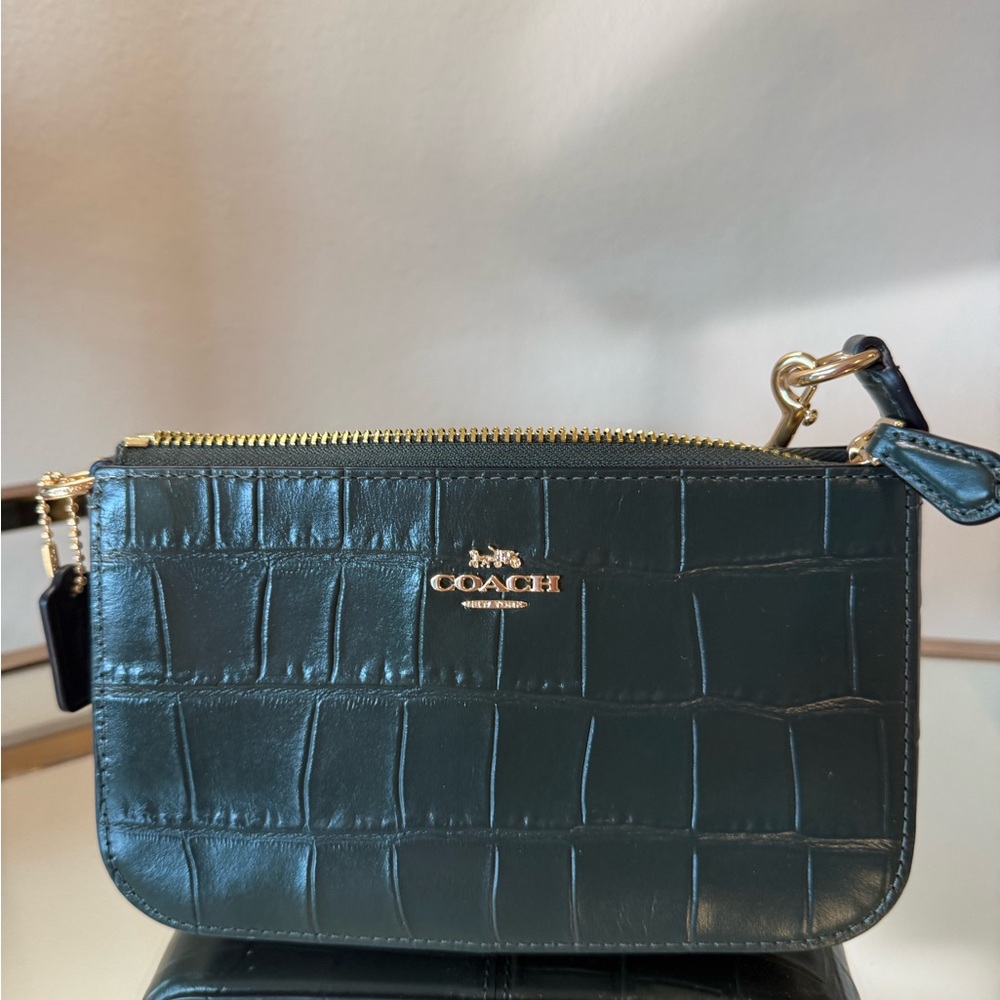 Coach Dark Green Croc-Embossed Wristlet